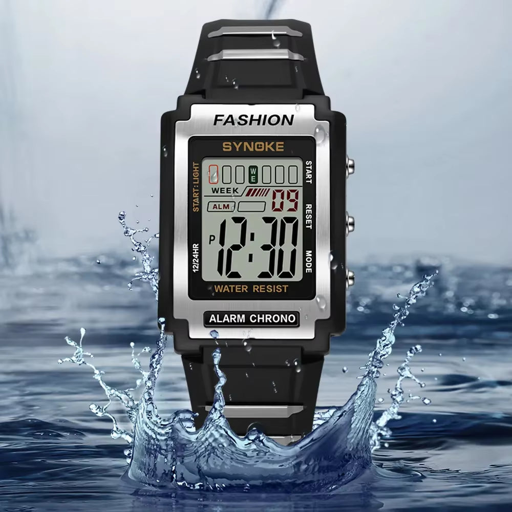 Men's Rectangular Sports Watch - Waterproof 50M, Night Light, Large Screen, Alarm Clock, Retro Style